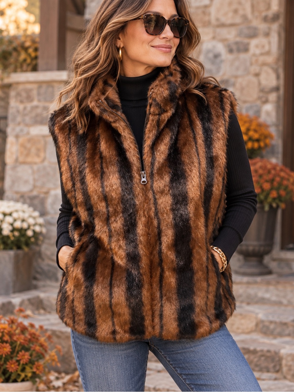Faux Fur Vest Womens Large Brown Black Striped 70s Boho Zip Front